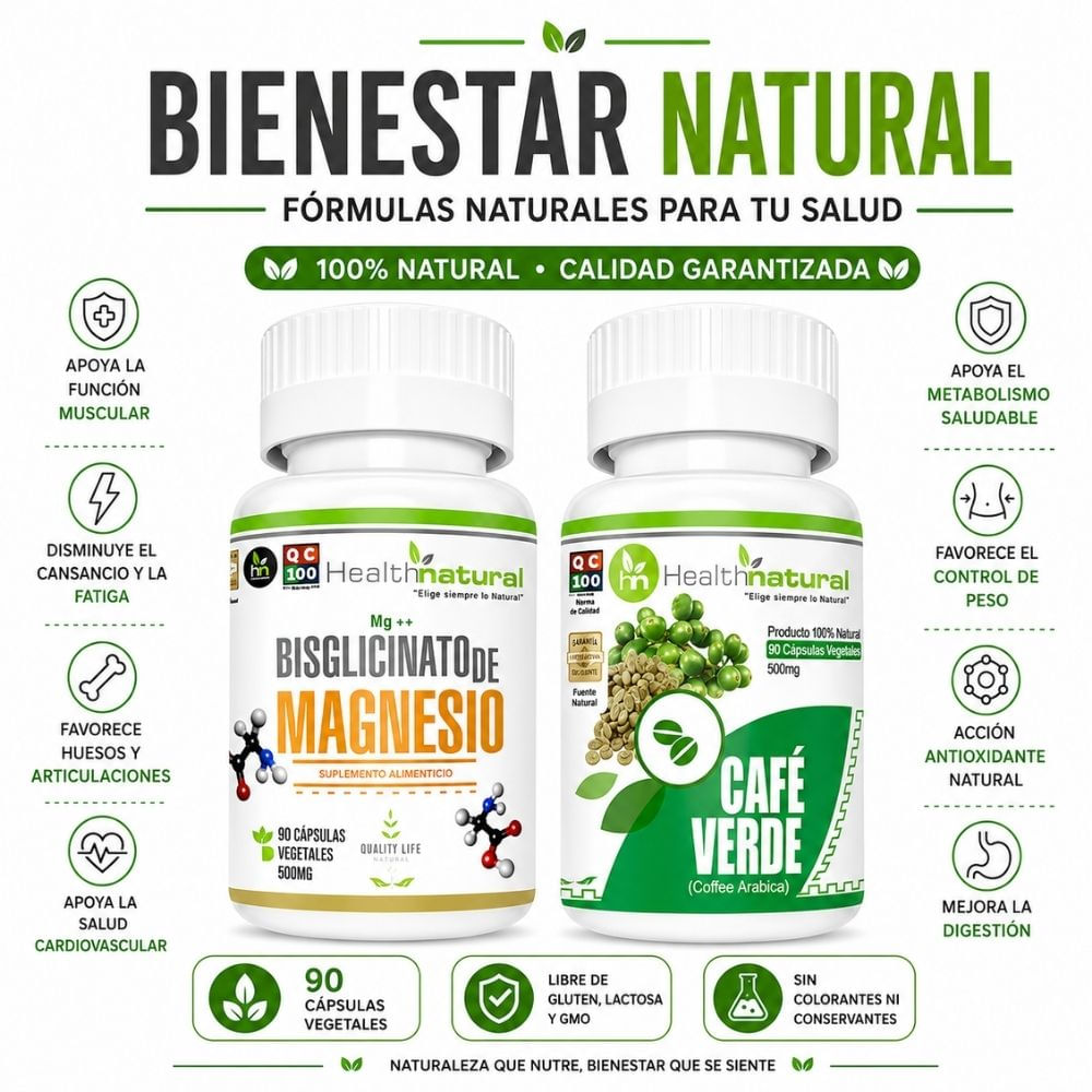 BISGLICINATO MAGNESIO HEALTHNATURAL Y CAFÉ VERDE HEALTHNATURAL 500MG