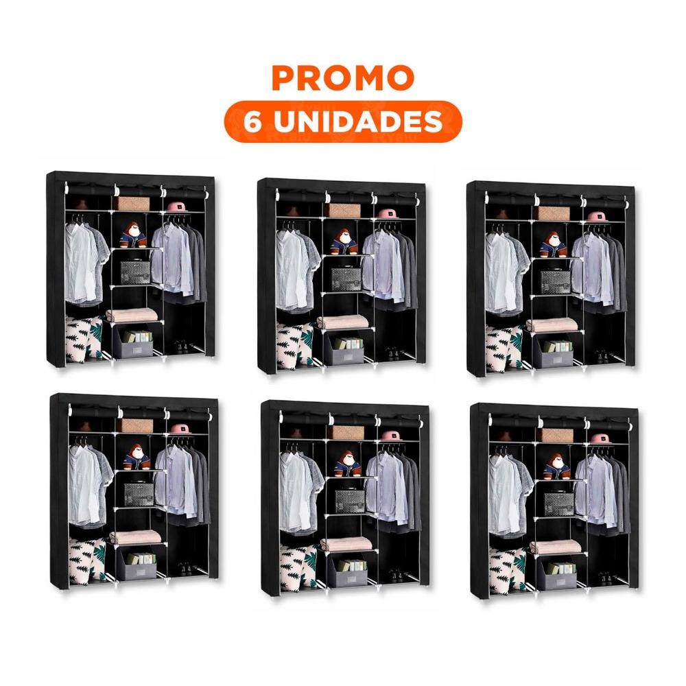 Pack6 Guardarropa Moderno Textil con Tubos de Metal Negro Uso Diario 175x45x130cm