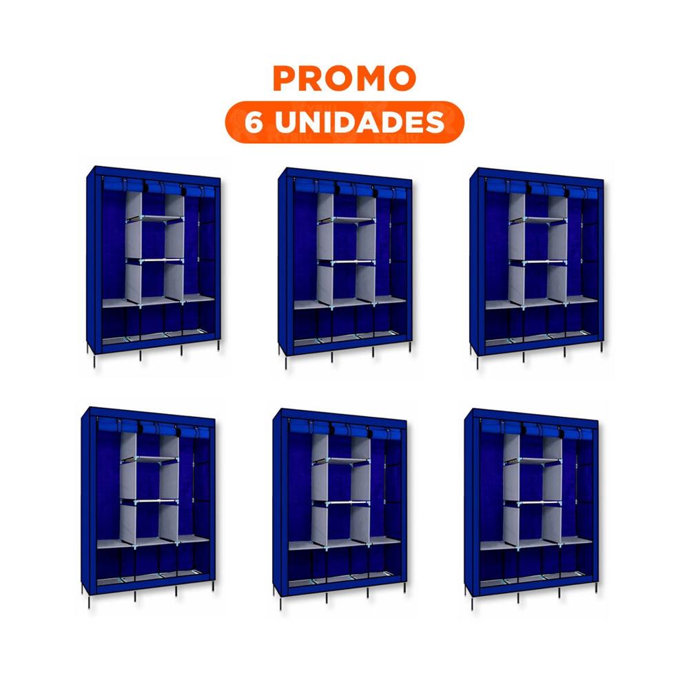 Pack6 Guardarropa Practico Textil con Estructura Metalica Azul 175x45x130cm