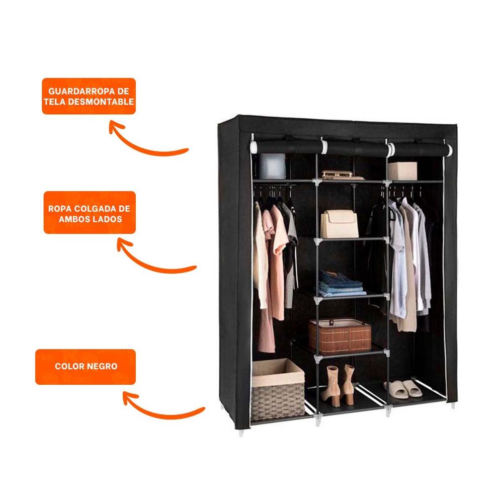 Guardarropa Funcional Textil Plegable con Tubos de Metal Negro 175x45x130cm Y Ligas Regalo