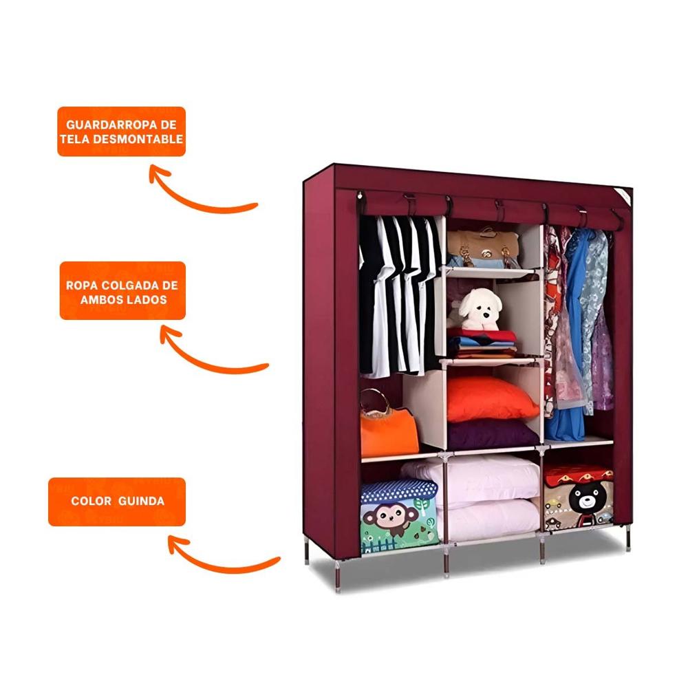 Guardarropa Funcional Textil Plegable con Tubos de Metal Guinda 175x45x130cm Y Ligas Regalo