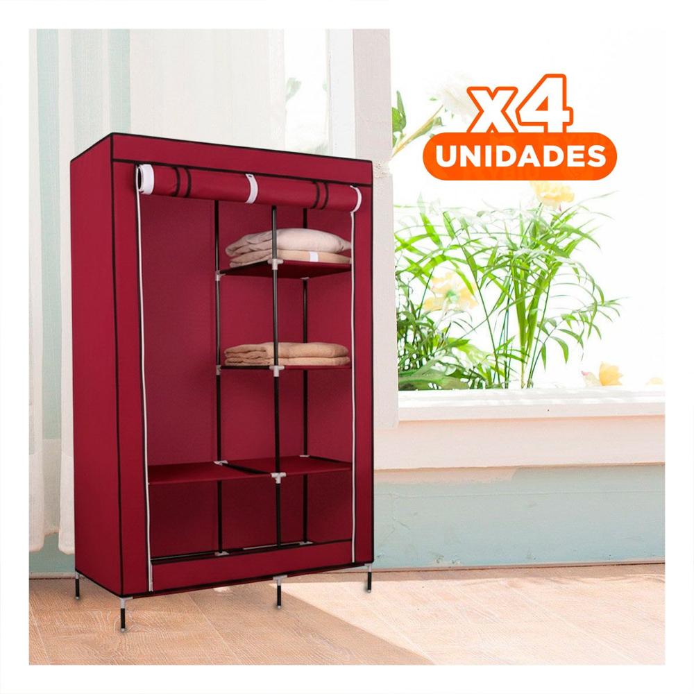 Pack4 Closet Estilizado Textil con Estructura Metalica Guinda Hogar 105x45x168cm Y Papel Regalo