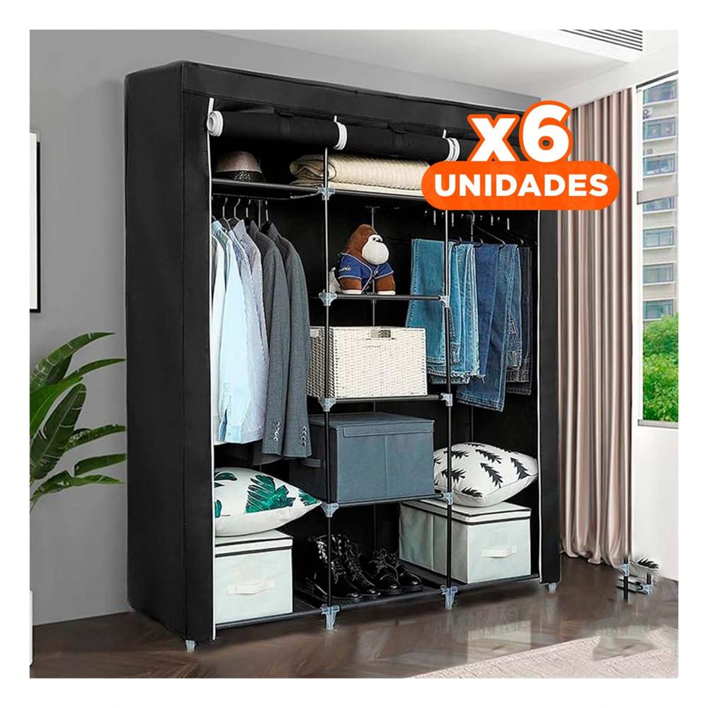 Pack6 Guardarropa Textil con Estructura Metalica Negro Moderno 175x45x130cm Y Papel Regalo
