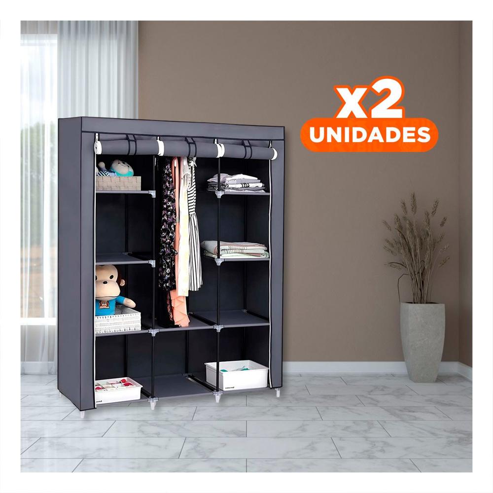 Pack2 Closet Practico Textil con Base Metalica Plomo Hogar 175x45x130cm Y Papel Regalo