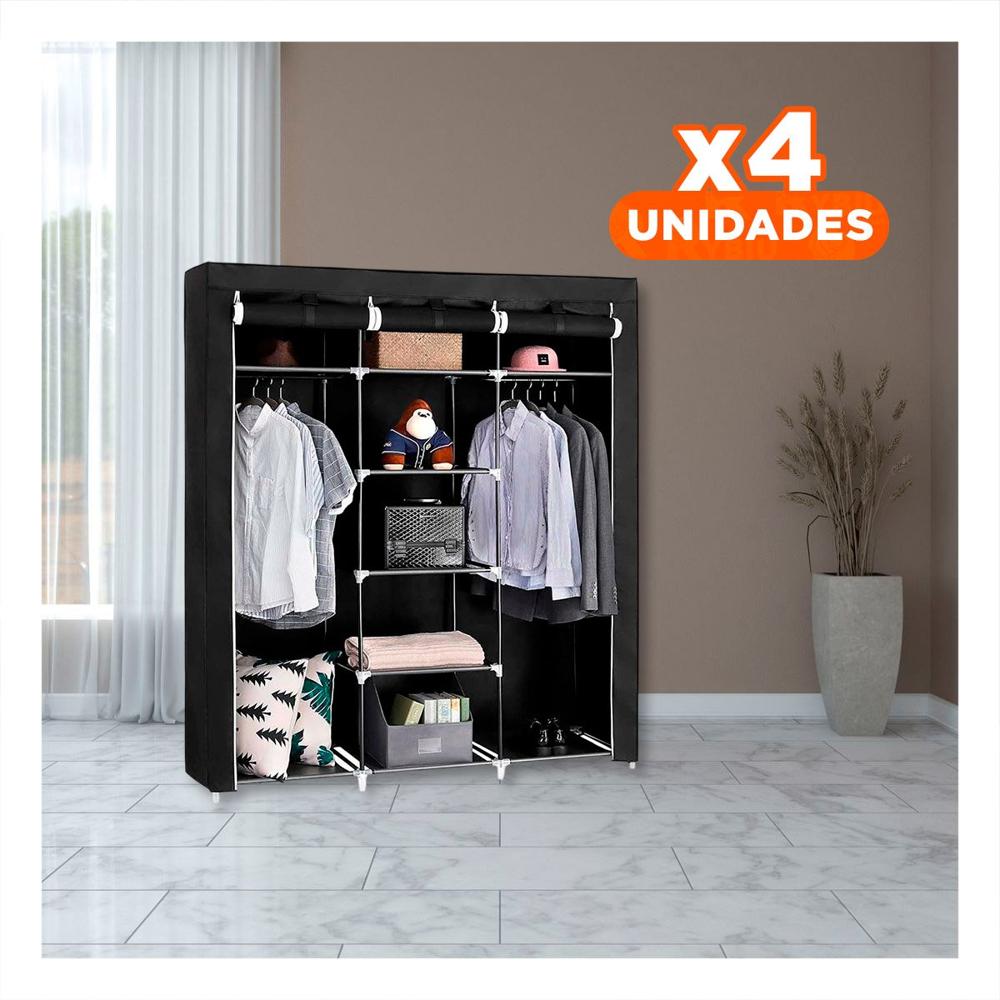 Pack4 Closet Portatil Textil con Base Metalica Firme Negro 175x45x130cm Y Papel Regalo