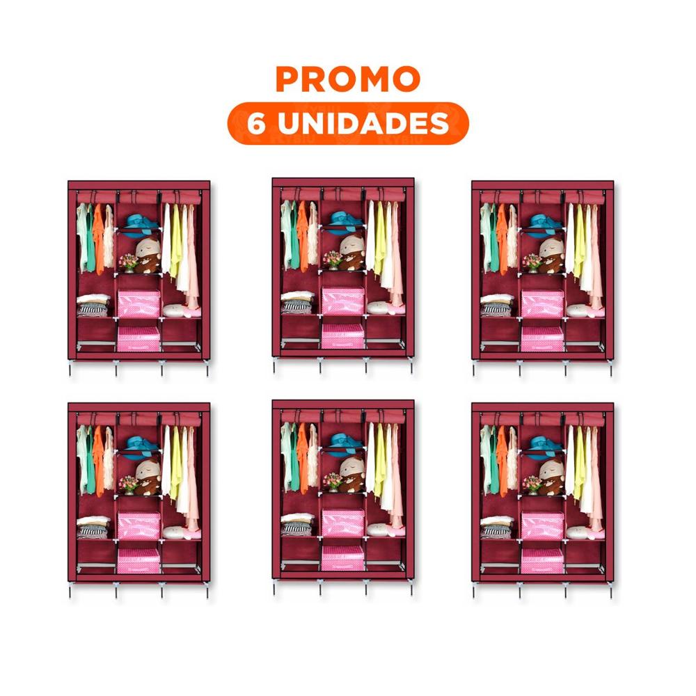 Pack6 Guardarropa Practico Textil con Estructura Metalica Guinda Moderno 175x45x130cm