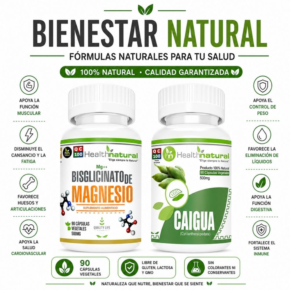BISGLICINATO MAGNESIO HEALTHNATURAL 500MG Y CAIGUA HEALTHNATURAL 500MG