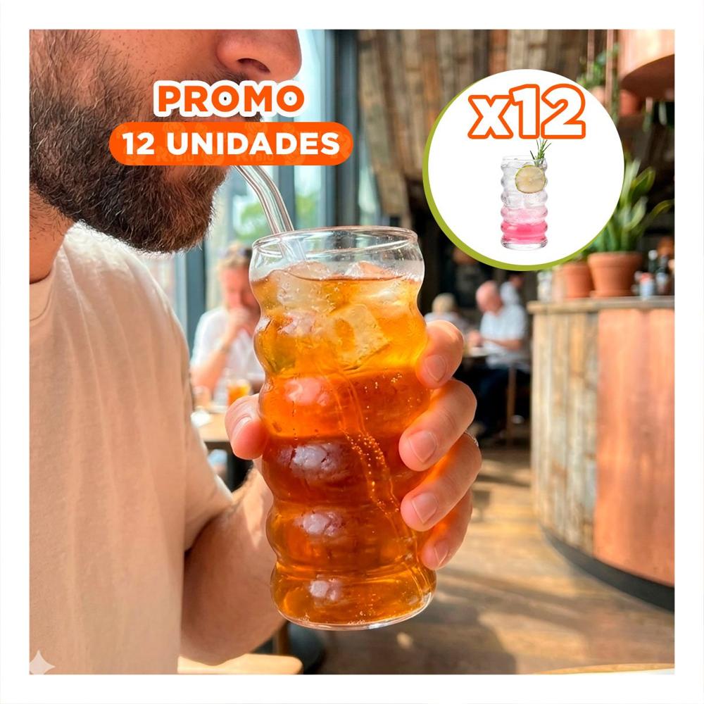 Pack12 Vaso de Cristal Transparente Estilo 6 Curvas para Agua Jugos y Bebidas
