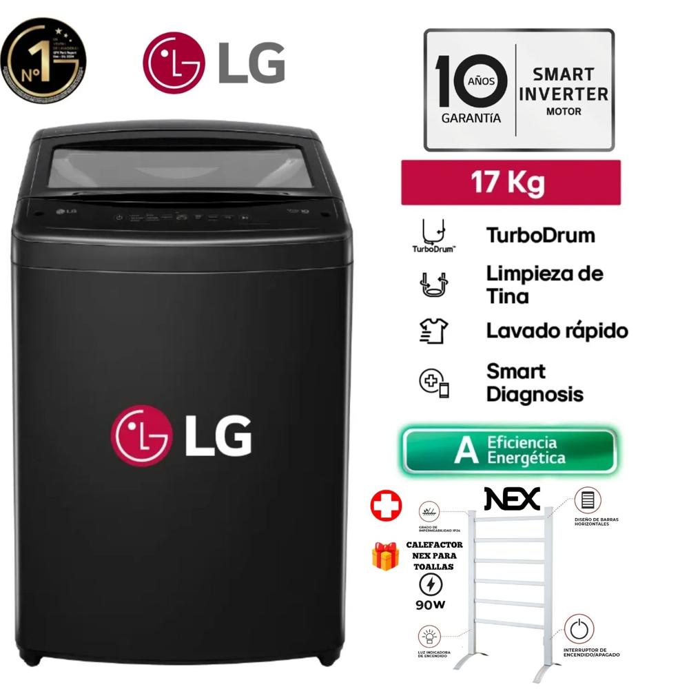 Lavadora LG 17Kg Smart Inverter Turbodrum WT17OBVTB Negro Onyx  mas Calefactor de Toallas NEX