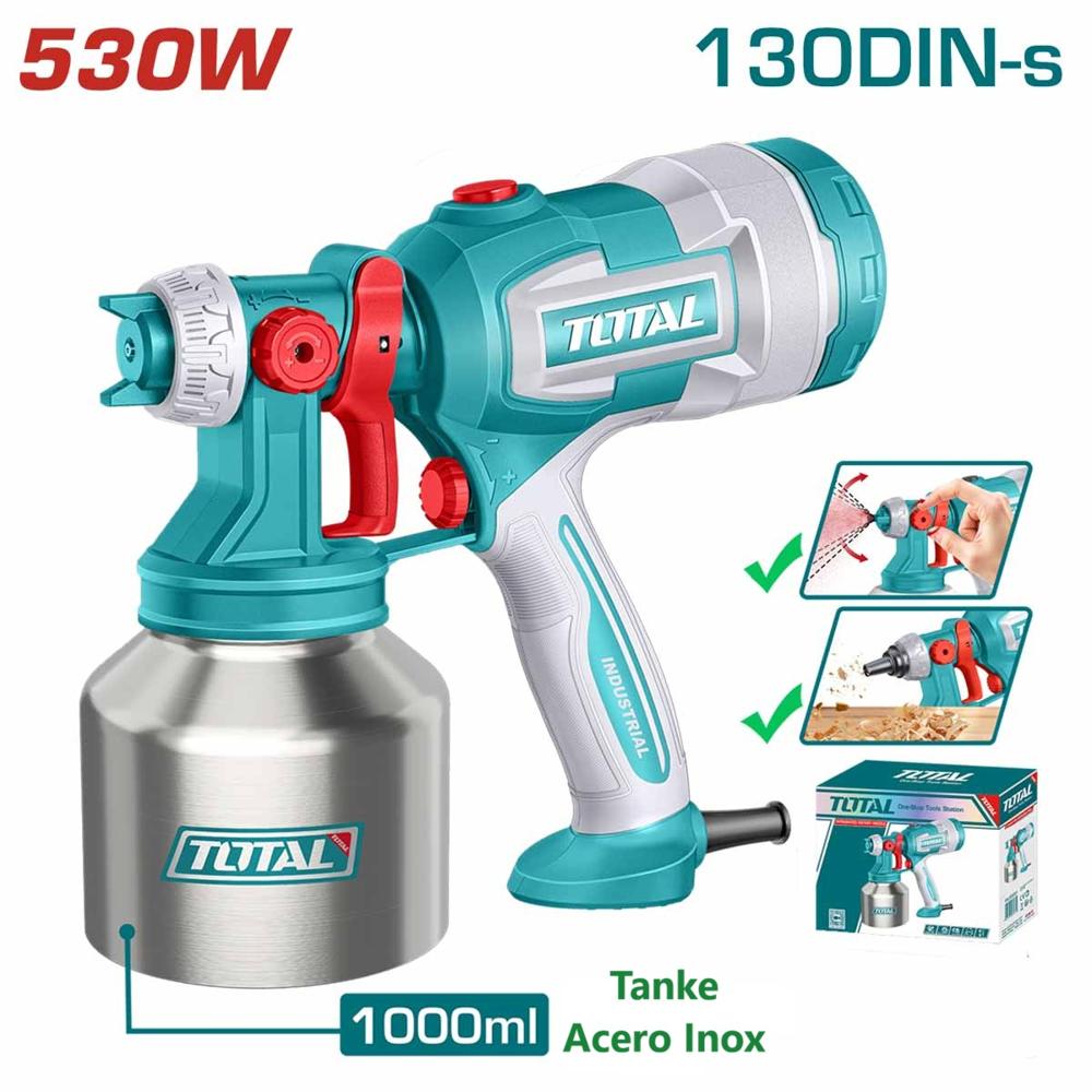Pistola para Pintar Eléctrica 530W Vaso Acero Inox 1000ML Total TT45061
