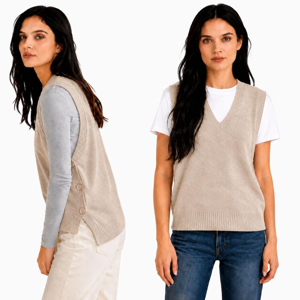 Chaleco Mujer con botones a los costados Cuello V cashmere hilo - Beige