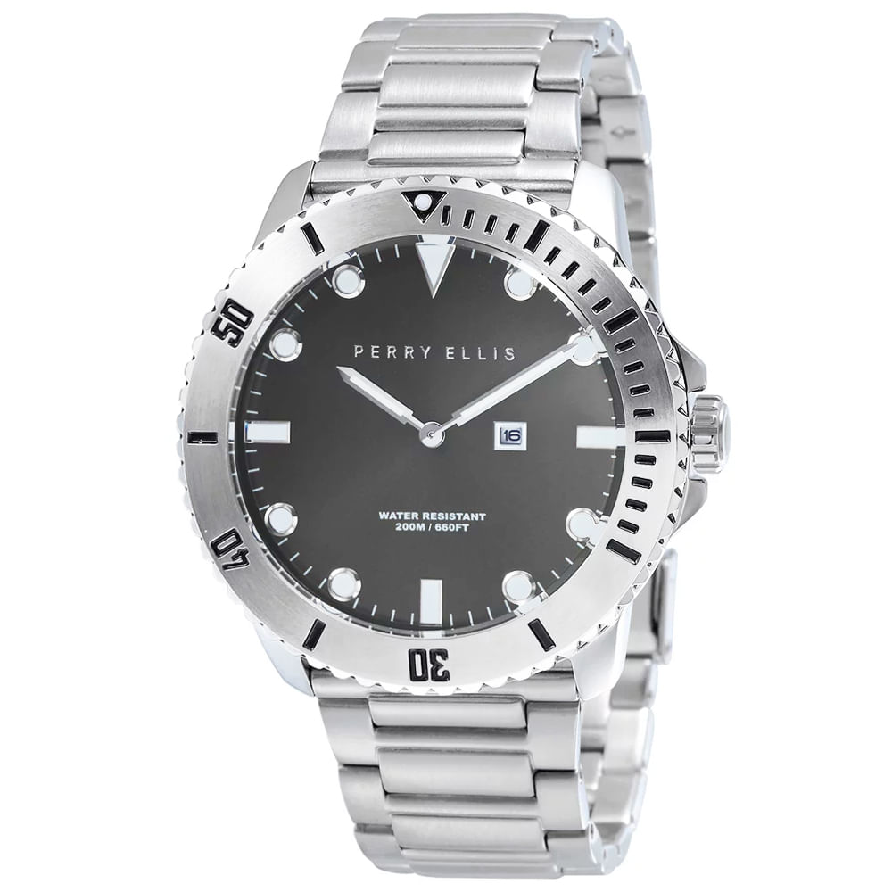 Reloj Perry Ellis Deep Diver 42 06001-02 Fecha Acero Inoxidable Dial Gris Oscuro