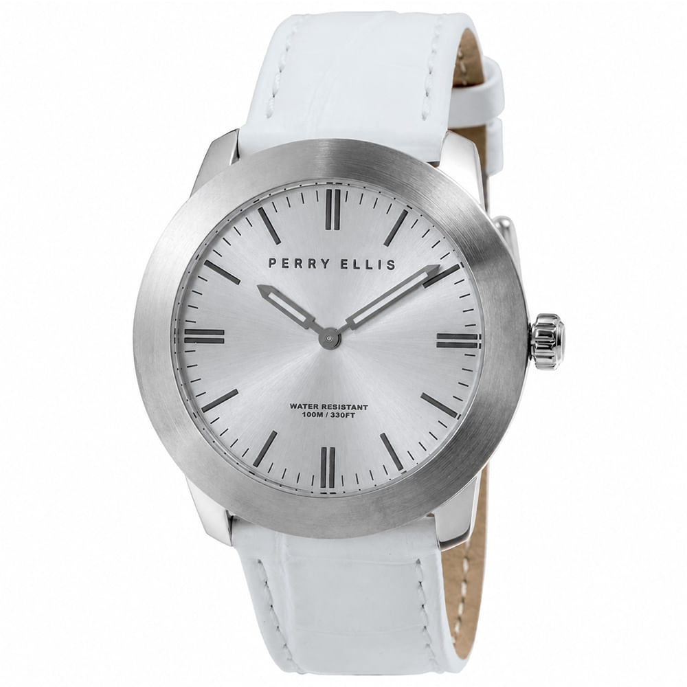 Reloj Perry Ellis Slim Line 42 07014-01 Acero Inoxidable Correa de Cuero Blanco Dial Plateado