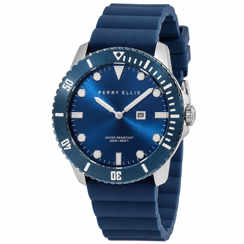 Reloj Perry Ellis Deep Diver 42 06006-03 Fecha Acero Inoxidable Correa de Silicona y Dial Azul