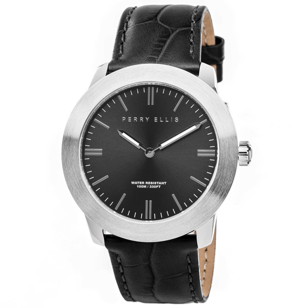 Reloj Perry Ellis Slim Line 42 07002-01 Acero Inoxidable Correa de Cuero y Dial Negro