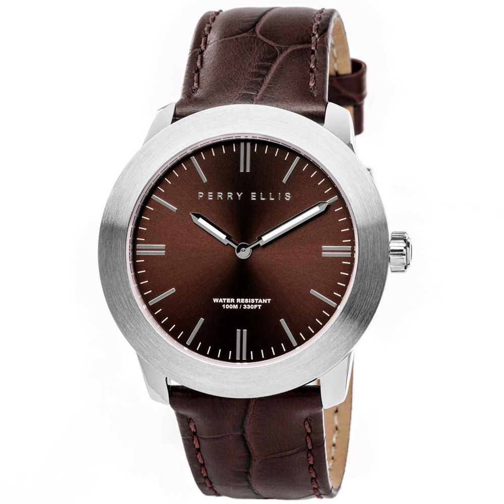 Reloj Perry Ellis Slim Line 42 07003-01 Acero Inoxidable Correa de Cuero y Dial Marrón