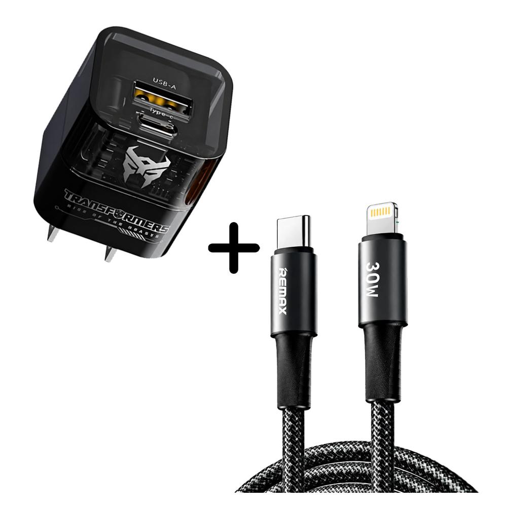 Combo Cargador Transformers TF-K05 Negro 20W + Cable Remax CB25 C-L