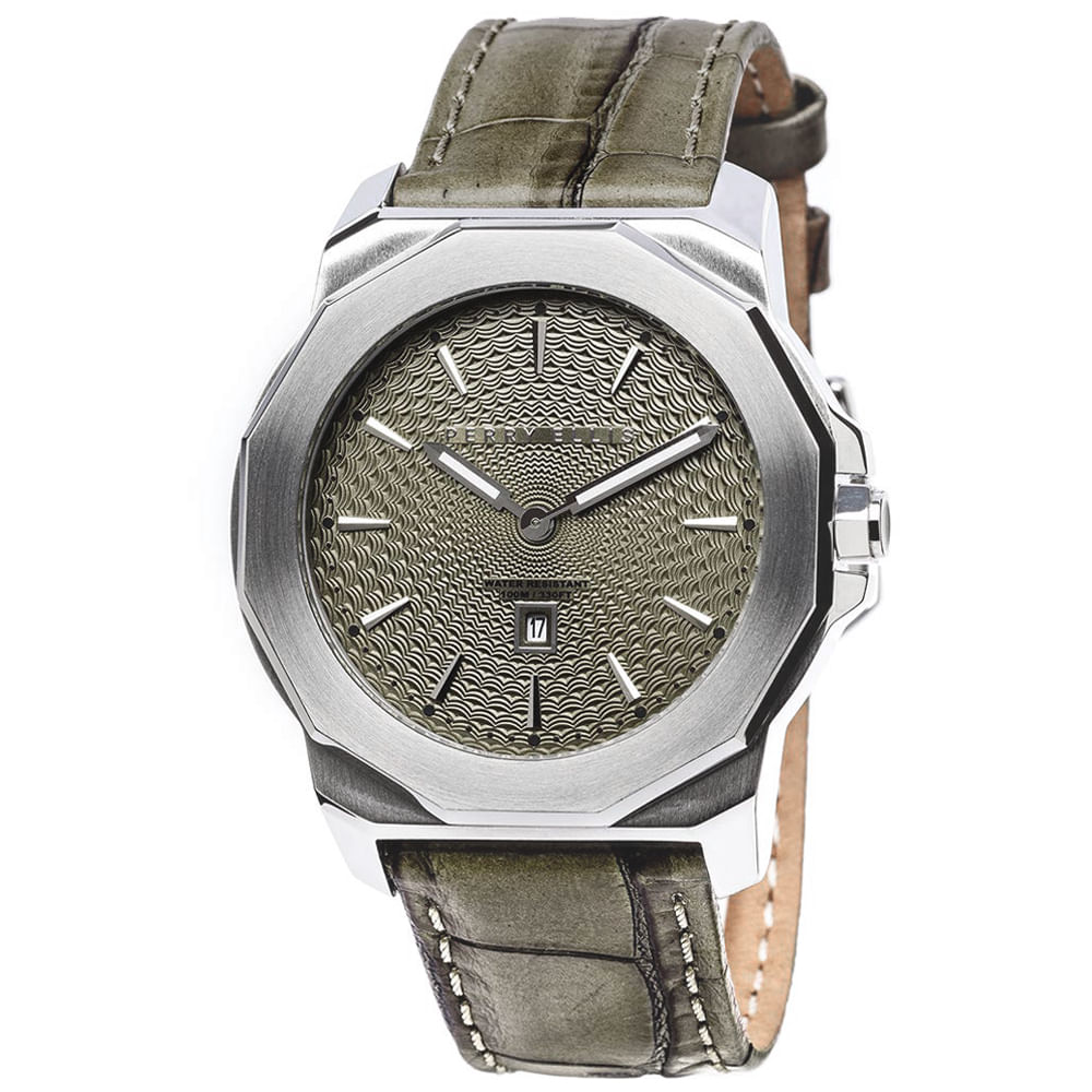 Reloj Perry Ellis Decagon 42 08004-01 Fecha Acero Inoxidable Correa de Cuero Dial Beige