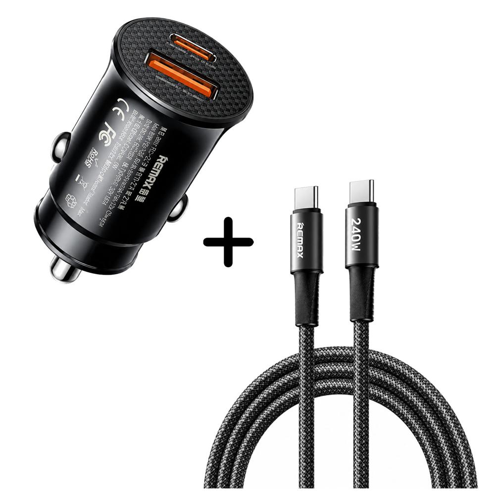 Combo Remax Cargador para Auto RCC358 30W - Cable CB25 C-C 240W Negro