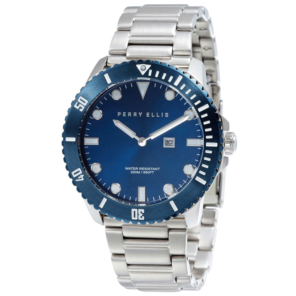 Reloj Perry Ellis Deep Diver 42 06005-02 Fecha Acero Inoxidable Dial Azul