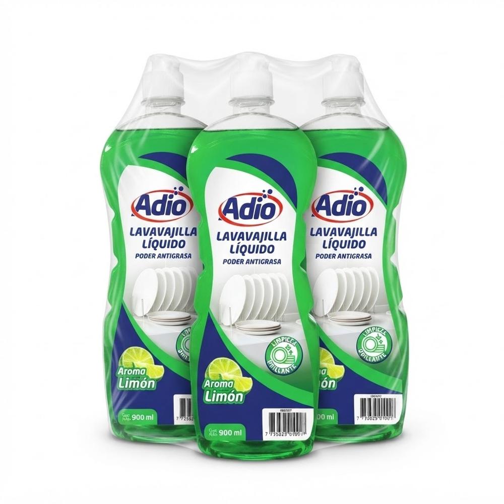 Pack x3 ADÍO Lavavajilla Líquido Poder Antigrasa Aroma Limón 900ml cada uno