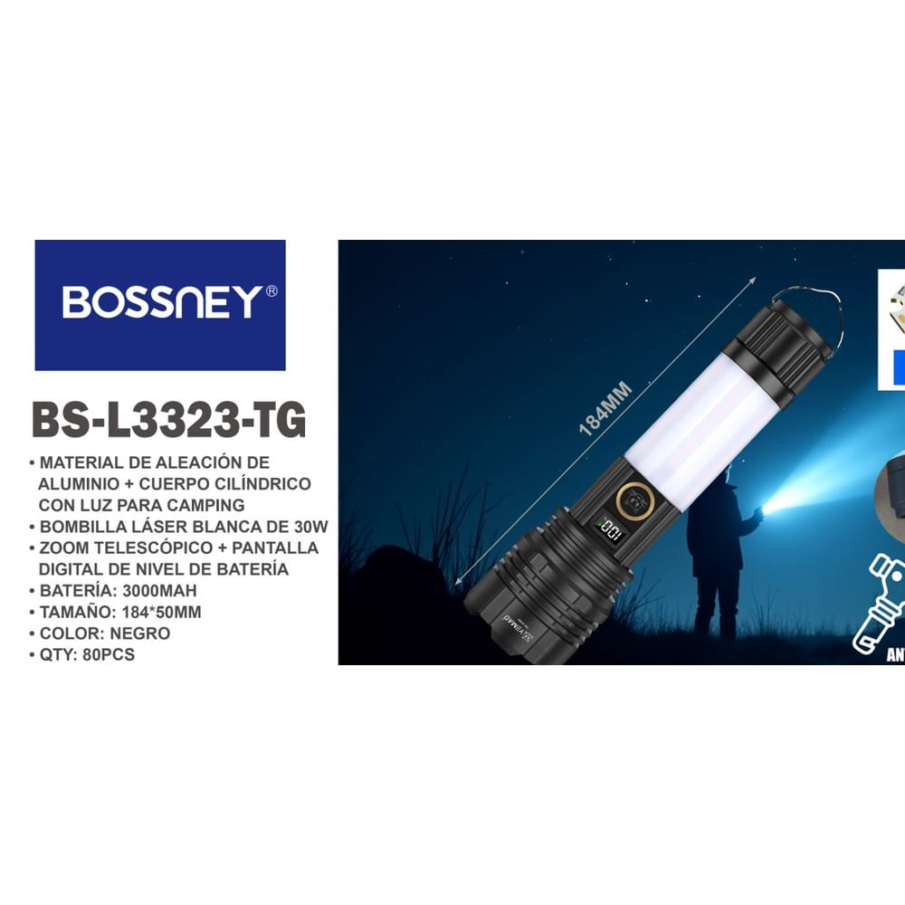 BOSSNEY Linterna LED Alta Potencia 3000mAh con Pantalla Digital BS-L3323-TG