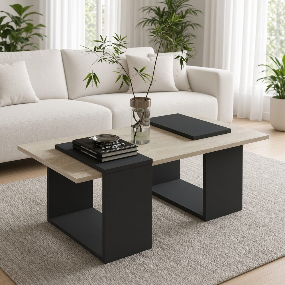 Mesa de Centro Numa Geométrica Bicolor Color Cemento Negro TU MESITA Canto Grueso