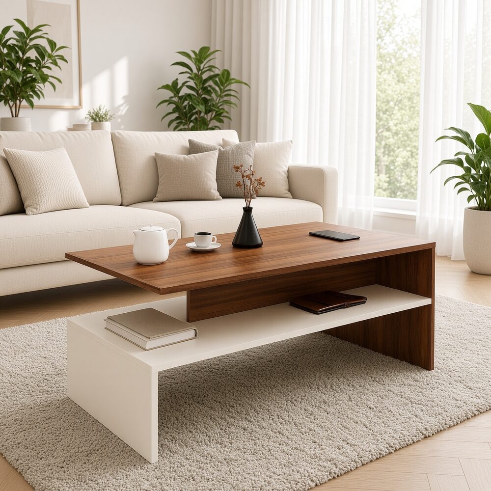 Mesa de Centro Vera Bicolor con Repisa Color Caramelo Blanco TU MESITA Canto Grueso