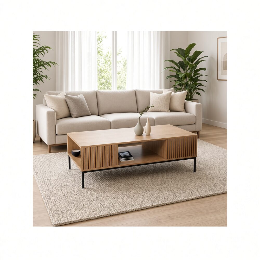 Mesa de Centro Kaori Ranurada Duna Negro TU MESITA Canto Delgado Mesa de Centro Kaori Ranurada con Nicho Color Duna Negro TU MESITA Canto Delgado