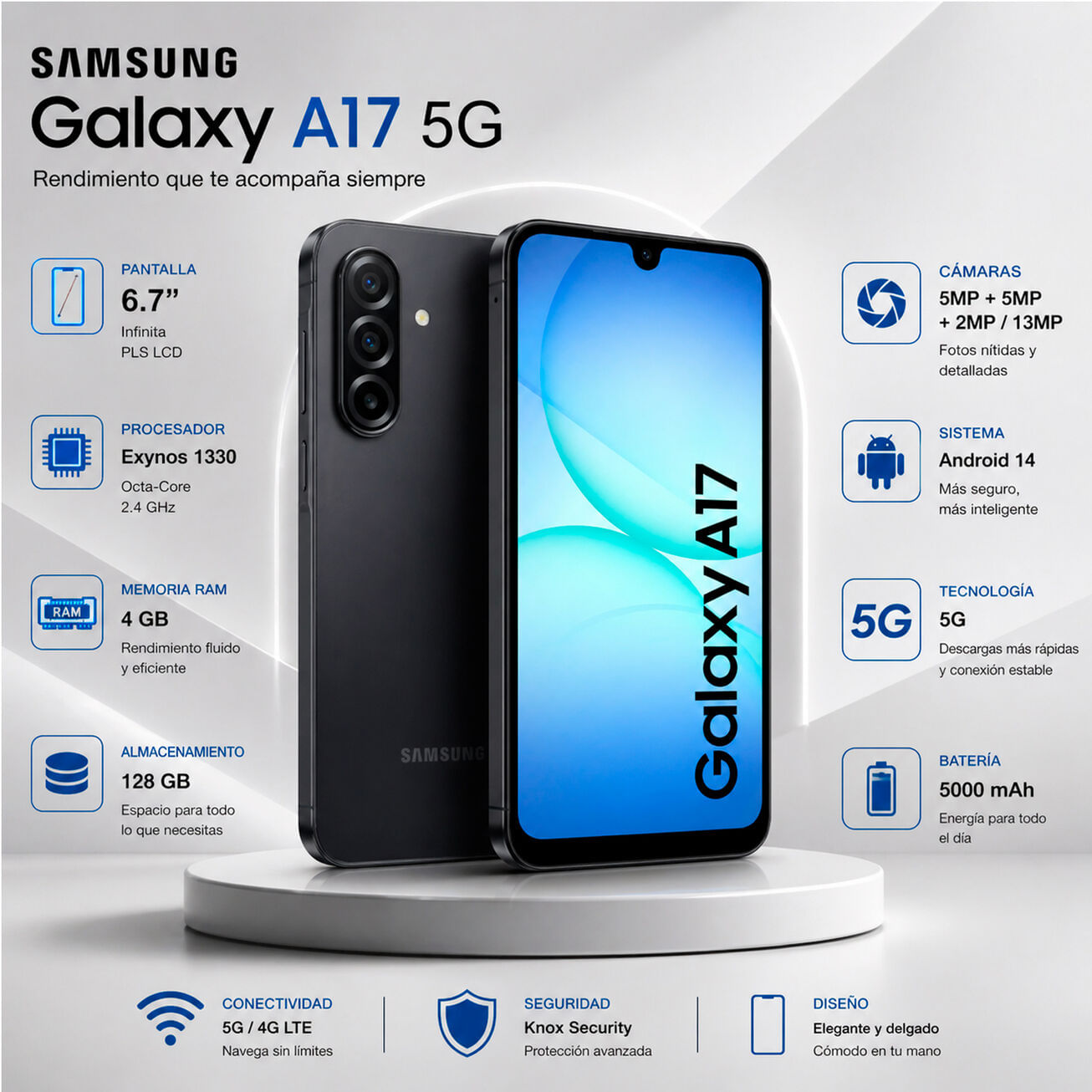 Celular Samsung A17 5G 4GB RAM 128GB 6.7 Pulg. Android 14 - Negro