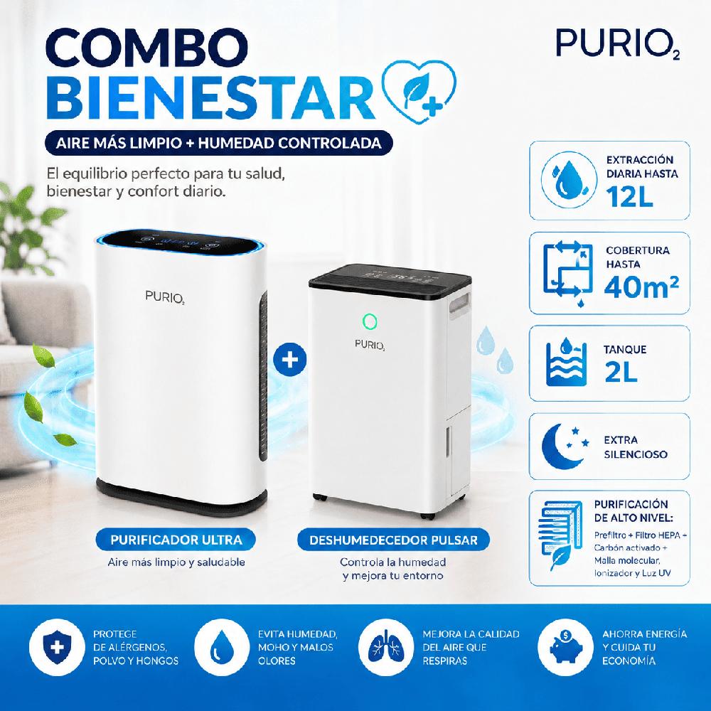 Combo BIENESTAR Deshumedecedor 12L PULSAR y Purificador de aire Hepa ULTRA