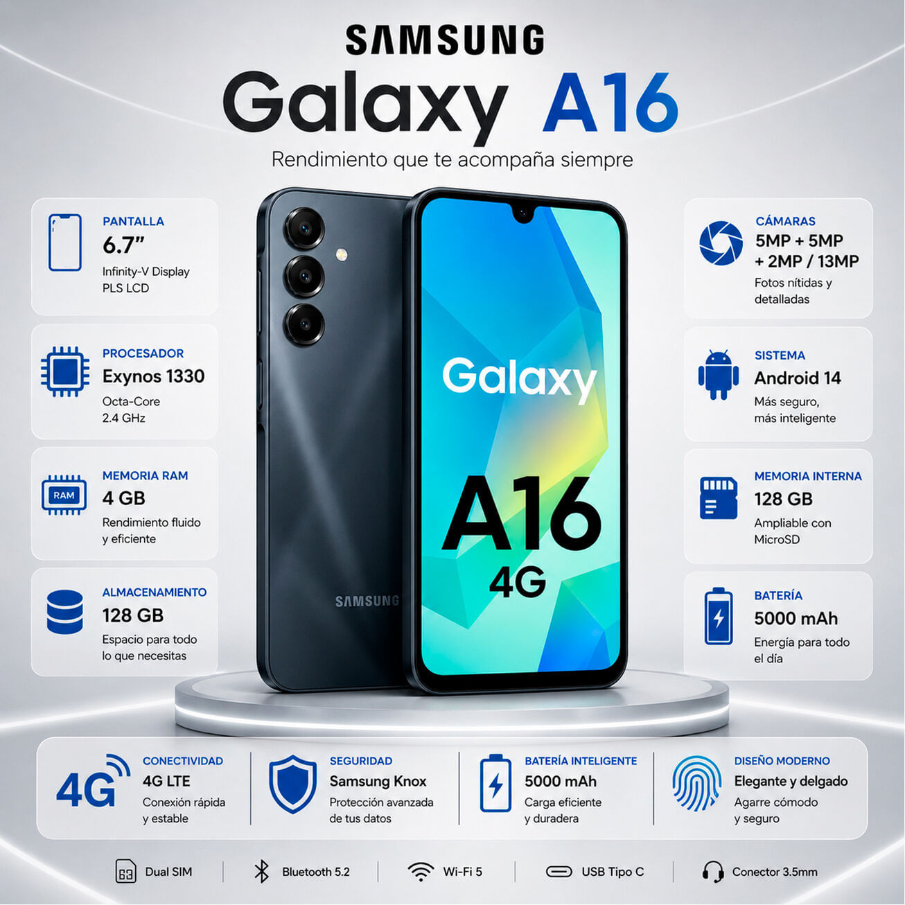 Celular Samsung Galaxy A16 4GB RAM 128GB 6.7  Pulg. Android 14 - Negro Azulado