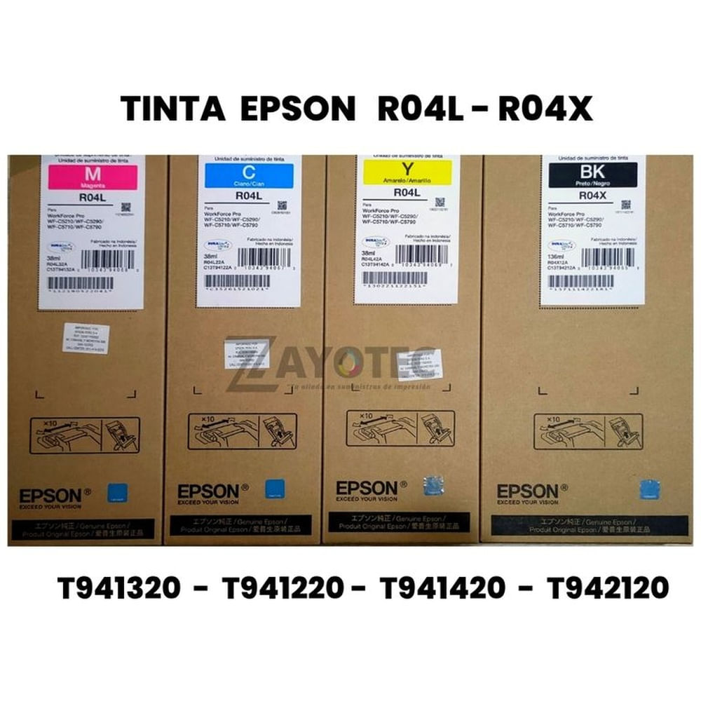 Kit Tinta Epson T941 Y T942 ORIGINAL - Cyan, Yellow, Negro y Magenta