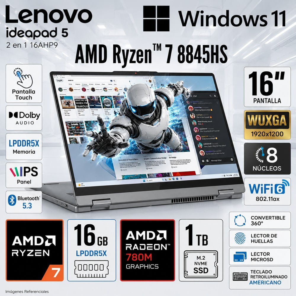 Laptop Lenovo IdeaPad 5 2-en-1 Ryzen 7 8845HS 16GB 1TB SSD 16  Touch WUXGA 83DS0056US