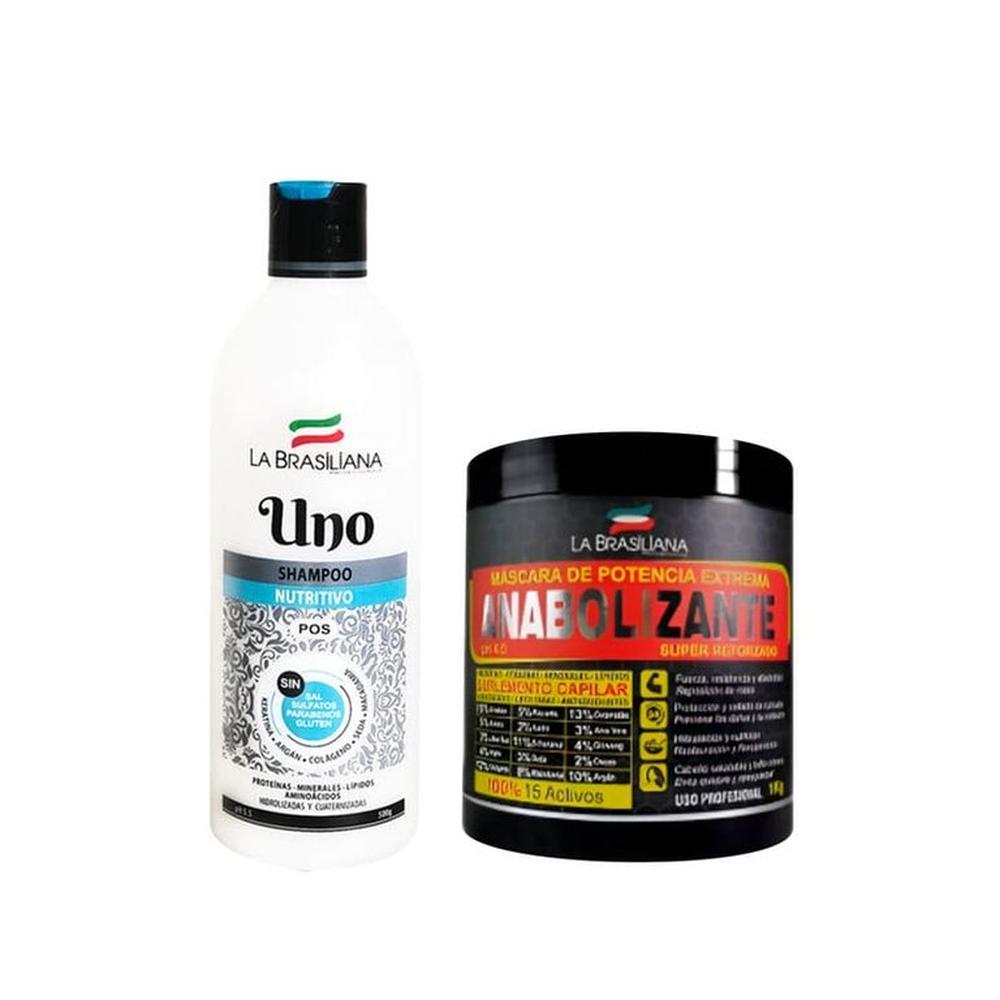 Shampoo uno MAS Máscara anabolizante La brasilina