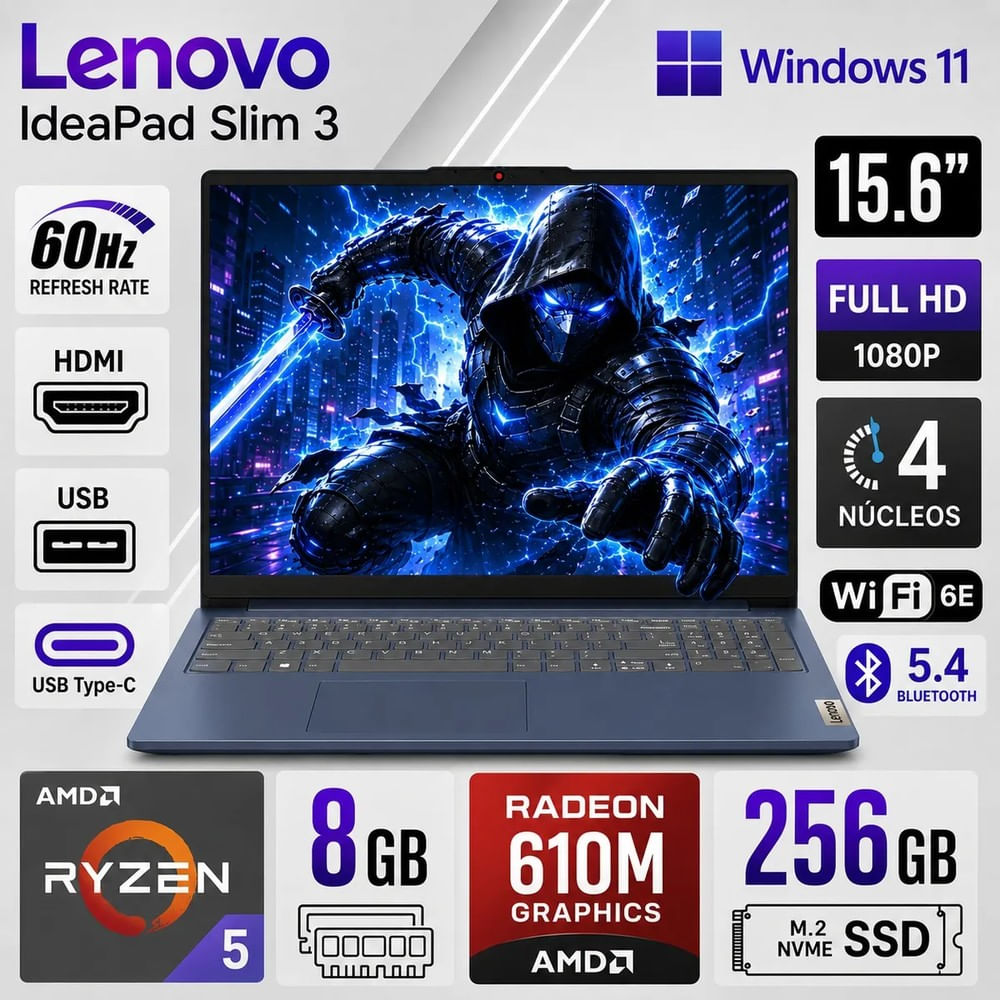 Laptop Lenovo IdeaPad Slim 3 Ryzen 5 40 8GB 256GB SSD 15.6   FHD Windows 11 Home 82XQ012GUS
