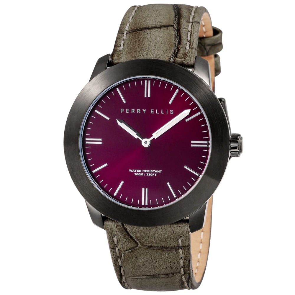 Reloj Perry Ellis Slim Line 42 07011-01 Acero Inoxidable Negro Correa de Cuero Dial Vino
