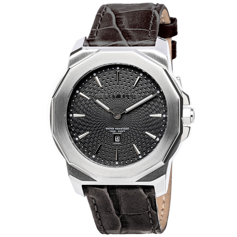 Reloj Perry Ellis Decagon 42 08005-01 Fecha Acero Inoxidable Correa de Cuero Dial Negro