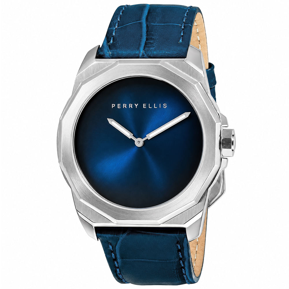 Reloj Perry Ellis Decagon Fading 10002-01 Correa de Cuero y Dial Azul