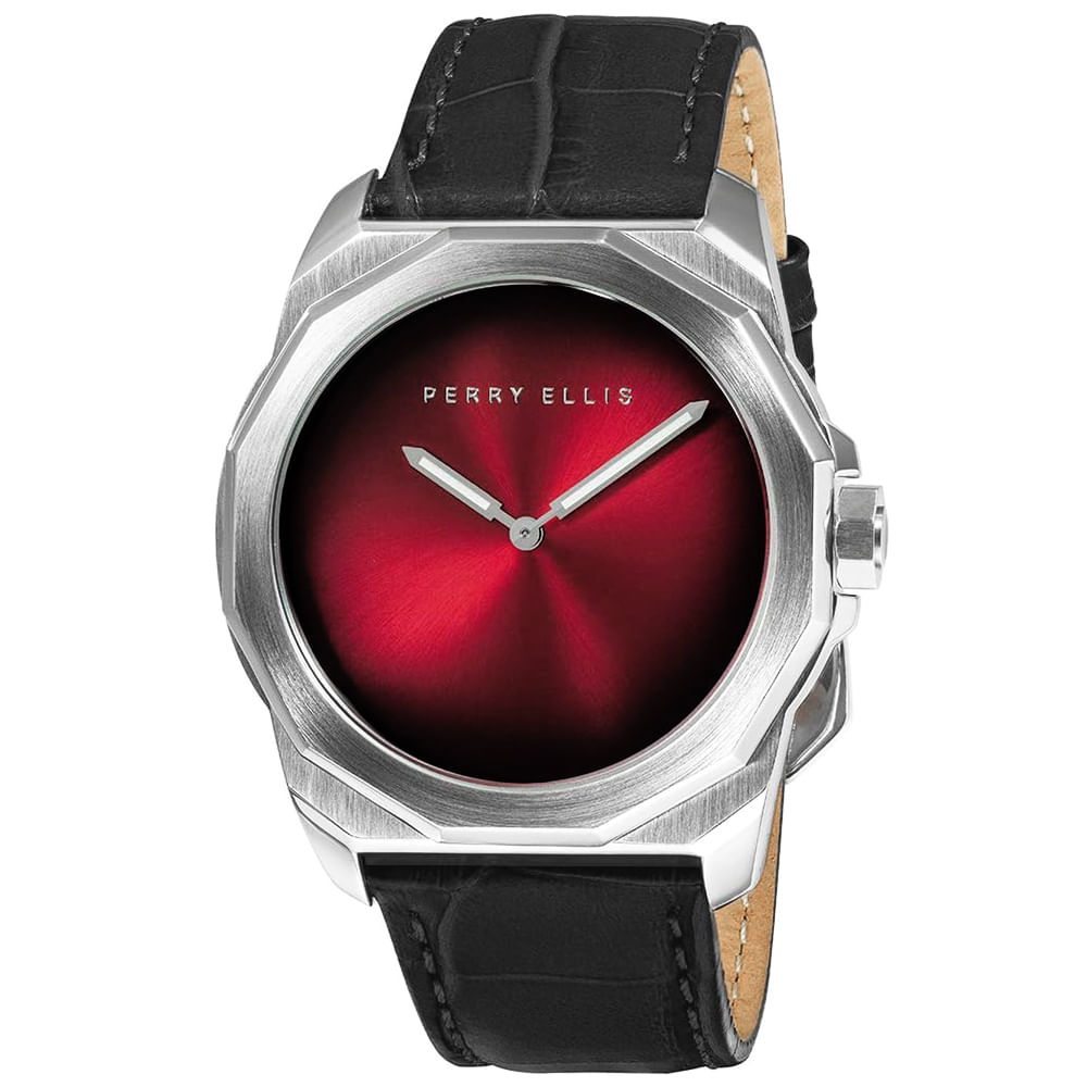 Reloj Perry Ellis Decagon Fading 10001-01 Correa de Cuero Negro Dial Rojo