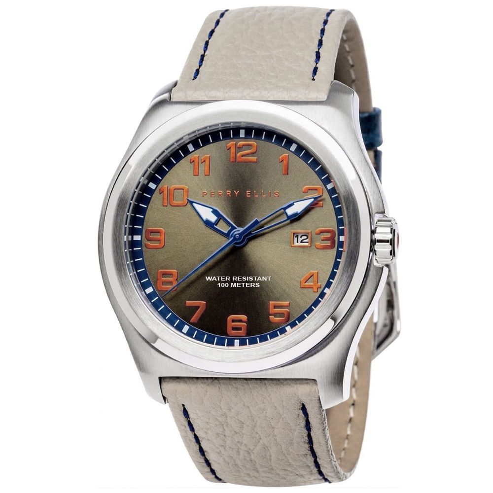 Reloj Perry Ellis Memphis 04005-01 Fecha Correa de Cuero Beige Dial Marrón