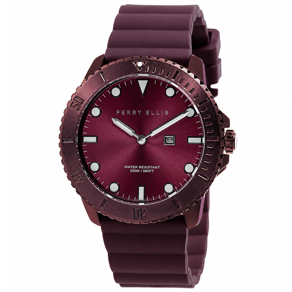 Reloj Perry Ellis Deep Diver 42 06004-03 Fecha Acero Inoxidable Correa de Silicona y Dial Vino
