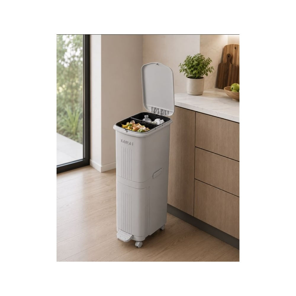 Tacho de Basura Doble Compartimento con Pedal y Ruedas Gris