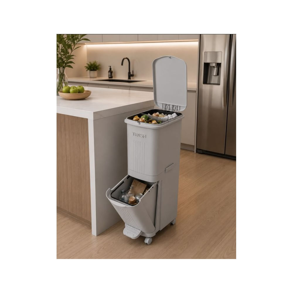 Tacho Doble Compartimento 2 Niveles con Tapa y Pedal Gris
