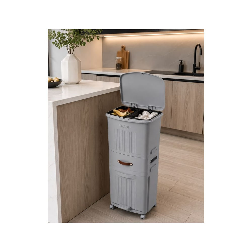 Tacho de Basura 3 Niveles con Tapa Touch, Pedal y Ruedas Giratorias Gris Multifuncional