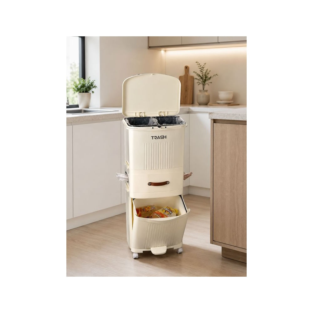 Tacho de Basura Multifuncional de 3 Niveles con Tapa Touch, Pedal y Ruedas Giratorias