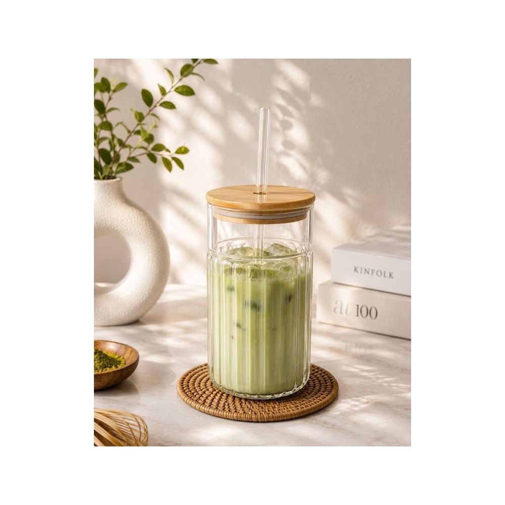 Vaso con Sorbete y Tapa de Bambú 530 ml – Vidrio Borosilicato