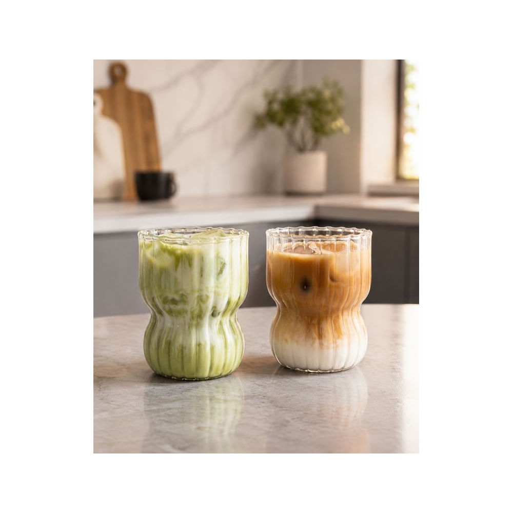 4 Vasos de Vidrio Borosilicato 350 ml Transparente Diseño Acanalado