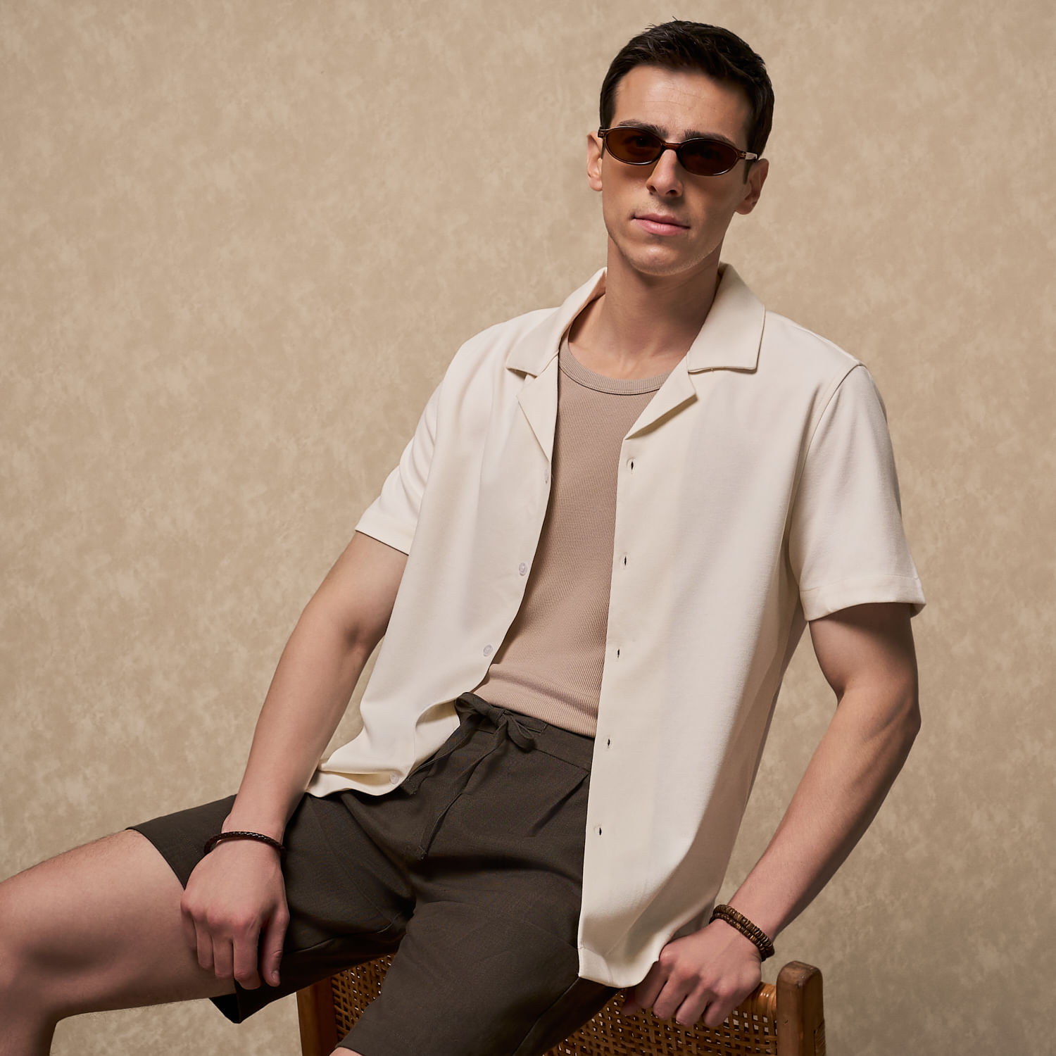 Camisa Manga Corta Hombre Tejido Melange Malabar Ecru Talla S