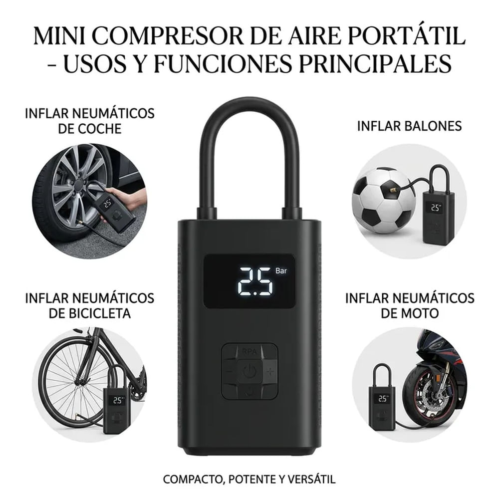 Inflador de Llantas Digital Inteligente - Compresor Portátil Recargable para Todo Neumático